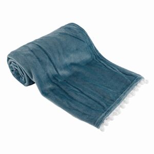 KONDELA TEMPO-KONDELA AKRA, plyšová deka s brmbolcami, oceľová modrá, 130x150 cm